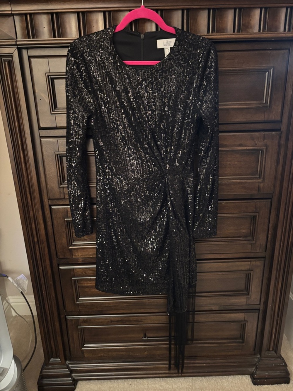Badgley Mischka Black Sequin Long-Sleeve Draped Fringe Dress